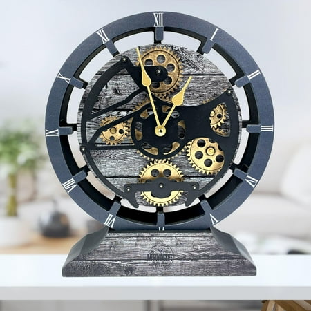 THE GEARS CLOCK Desk Clock with Real Moving Gears (wall clock)CA-LI_ 10 in Round Carbon-Grey