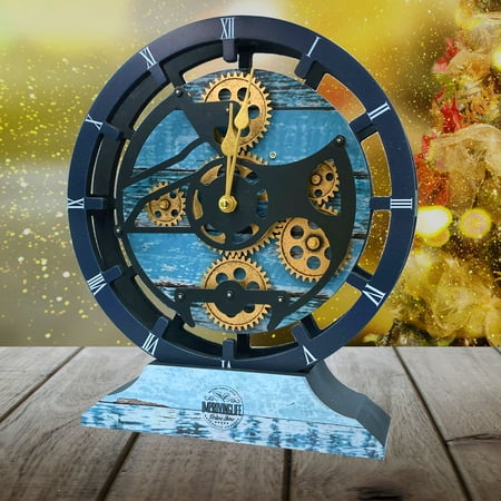 THE GEARS CLOCK Desk Clock with Real Moving Gears (wall clock)CA-LI_ 10 in Round Ocean-Blue