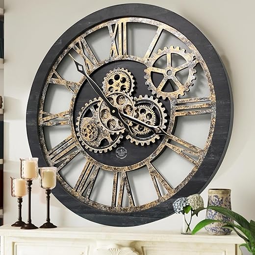 The Gears Clock The Original Real Moving Gear Wall Clock Vintage Industrial Oversized Rustic Farmhouse (24 inch (60cm), Vintage Black Wood and Bronze)