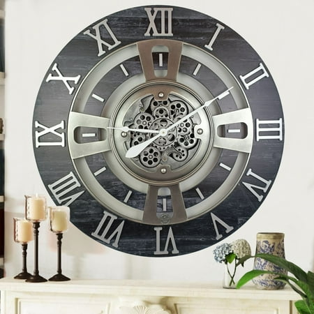 THE GEARS CLOCK Wall Clock with Real Moving Gears EN-LI_ 24 in Round Vintage-Black