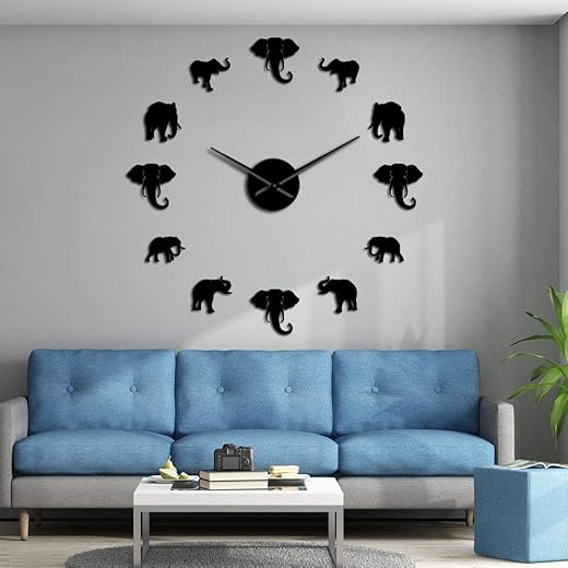 The Geeky Days Jungle Animals Elephant DIY Large Wall Clock Home Decor Modern Design Mirror Effect Giant Frameless Elephants DIY Clock Wall Watch (Black)