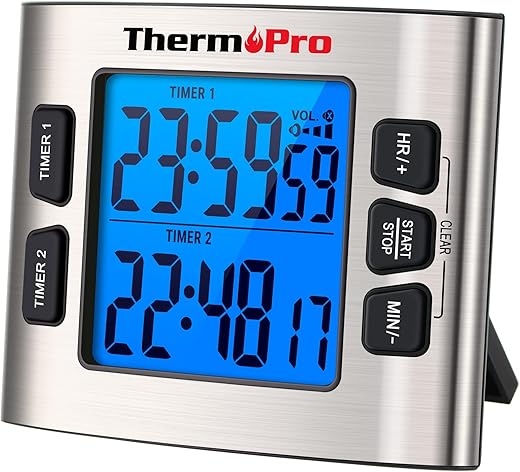 ThermoPro TM02 Digital Kitchen Timer with Dual Countdown Stop Watches Timer/Magnetic Timer Clock with Adjustable Loud Alarm and Backlight LCD Big Digits/ 24 Hour for Kids Teachers