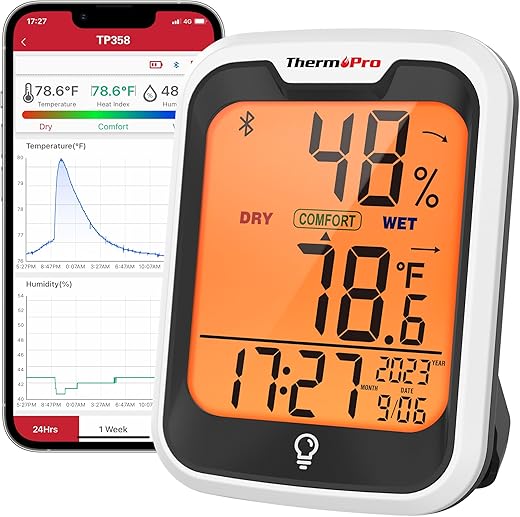 ThermoPro TP358 Bluetooth Thermometer for Room Temperature with Built-in Clock, Smart Temperature Sensor and Humidity Meter with Backlit, 260Ft Hygrometer Indoor Thermometer with Data Storage Export