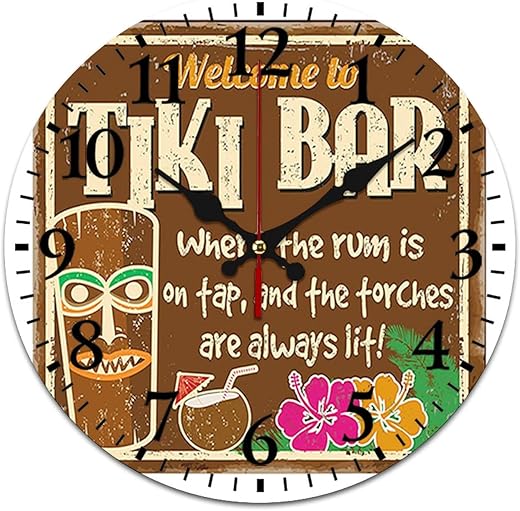 Tiki Bar Wall Clock, Aged Old Sign of Tiki Bar, Wall Clocks Battery Operated Silent Non Ticking, Round Clocks Wall Decorative for Kitchen, Bedroom,Multicolor (10 Inch)