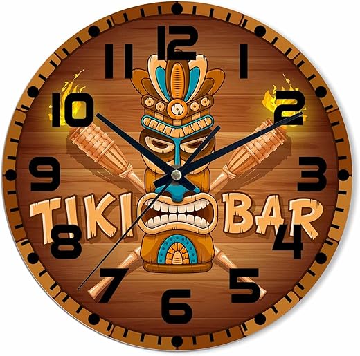 Tiki Tribal Style Wall Clock Battery Operated Torch and Signboard of Bar Hawaiian Elements Wall Clock Silent Non Ticking Quality Quartz 10 Inch Round Easy Clock to Read for Home Office