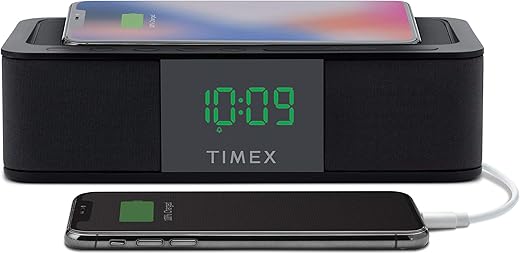 Timex iHome Alarm Clock Portable Speaker with QI Wireless Charging and USB Charger, 0.9” Green LED Display Alarm Clock for Bedrooms, Bedside, Home or Work, Kids and Heavy Sleepers, Model: None