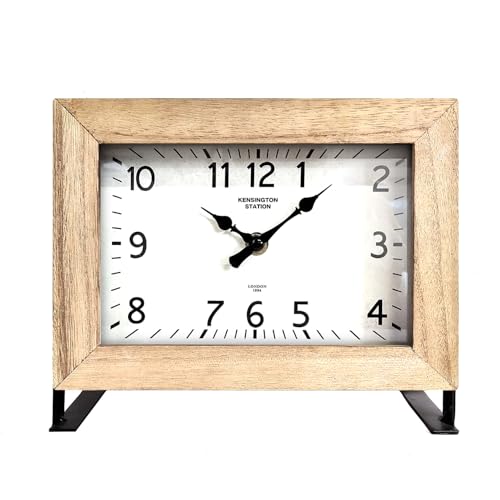 TOHOOYO Metal Table Clock, Battery Operated Decorative Silent Non-Ticking Table Clock Mantel Desk Shelf Metal Clock for Home, Living Room- Wood Rectangle