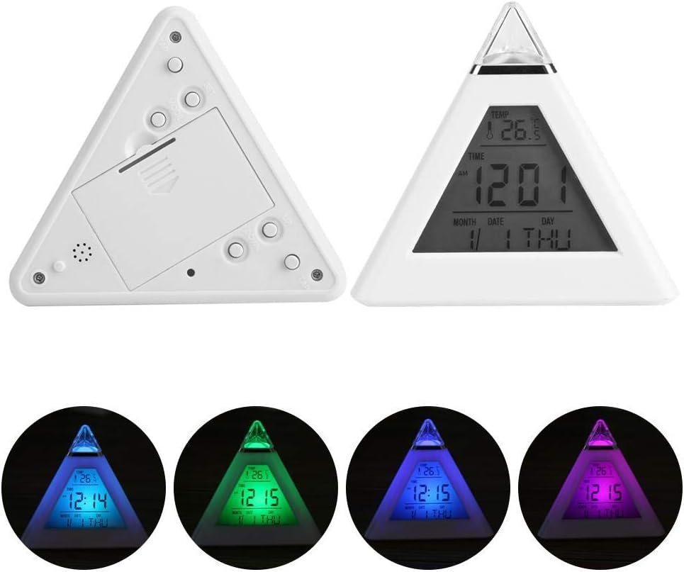 TOPINCN Pyramid Alarm Clock, LED Color Changing Digital LCD Alarm Clock Thermometer Night Light Desktop Table Clocks with 8 Alarm Sounds 7 Colors Changing Clock for Kids Adults