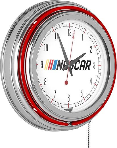 Trademark Gameroom Neon Clock - Retro NASCAR Logo Analog Wall Clock with Pull Chain - for Kitchen, Garage, Game Room, or Home Bar