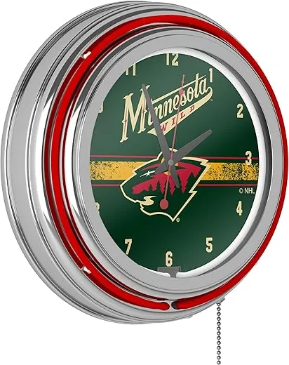 Trademark Global Neon Clock - Retro Minnesota Wild Logo Analog Wall Clock with Pull Chain - for Kitchen, Garage, Game Room, or Home Bar