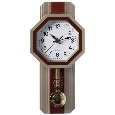 Traditional Round Wood- Looking Pendulum Plastic Wall Clock for Living Room, Kitchen, or Dining Room