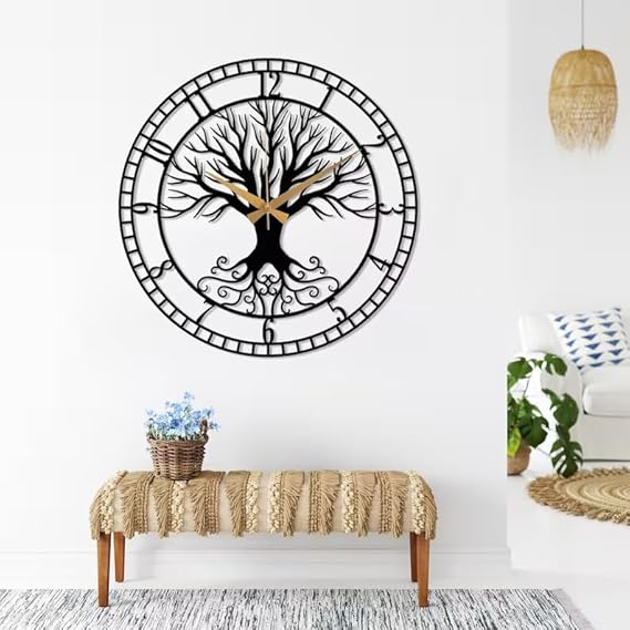 Tree of Life Metal Wall Clock, Black Large Wall Clock, Family Tree Clock, Silent Mid-Century Wall Clock,Modern Living Room Clock Art,Horloge Murale (Black, 13.7 x 13.7” / 35 x 35 cm)