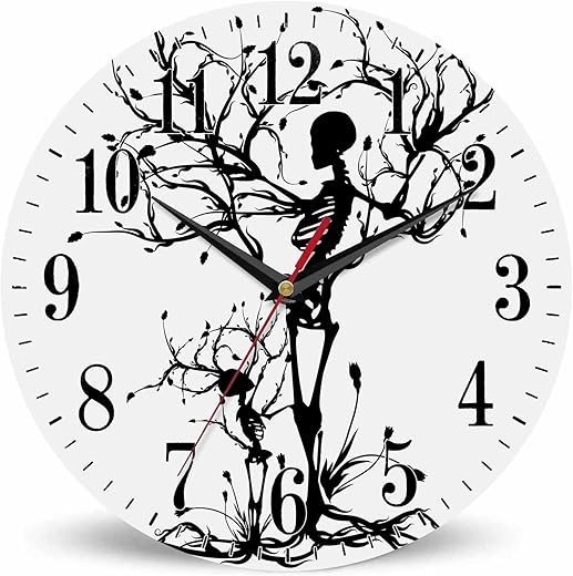 Tree of Life Wall Clock Skeleton Skull Death Artistic Sacred Dead Halloween 10 Inch Silent Non Ticking Battery Operated Clock Vintage Round Clock for Living Room Bedroom Bathroom Office Decor