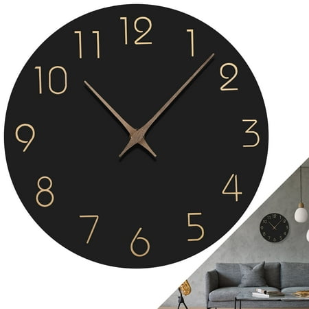 TSV 10'' Black Wall Clcok, Battery Operated Silent Non-Ticking Wood Analog Clock Decorative for Home Office