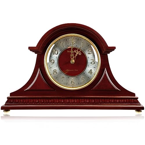 TXL Mantel Clock with Chimes 16.3 Silent Decorative, Wood Desk Clock Battery Operated, Vintage Tabletop Clock for Living Room Office Kitchen Shelf & Home Decor Gift, T20160