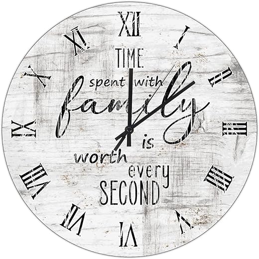 UFunhome Wooden Wall Clock Family Quote Time Spent with Family is Worth Every Second Round Hanging Clock Battery Operated Silent Non Ticking Home Decor Clock for Living Room Kitchen Bathroom 15-Inch