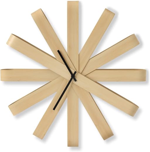 Umbra Ribbonwood, Large Modern Wall Clock, Battery Operated, Silent, Non Ticking, Unique, Natural Wood