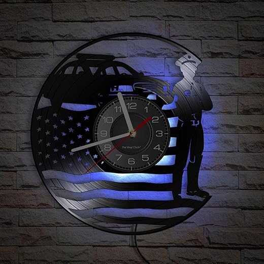 USA Policeman LED Multi Color Wall Clock, Law Enforcement Officer Vinyl Record Clock Silent Quartz Decorative Clock Wall Watch for Police Office Police Department Police Gifts (12inch)