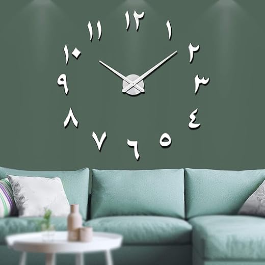 VANGOLD Large DIY Wall Clock Modern 3D Wall Clock with Eastern Arabic Numerals for Home Office Decorations Gift (Silver)