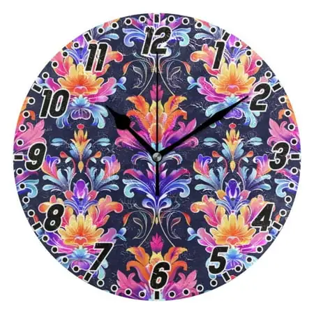 Vibrant Floral Flower Damask Wall Clock 9.8 inch Battery Operated Clocks Non-Ticking Silent for Bedroom Office Kitchen Living Room