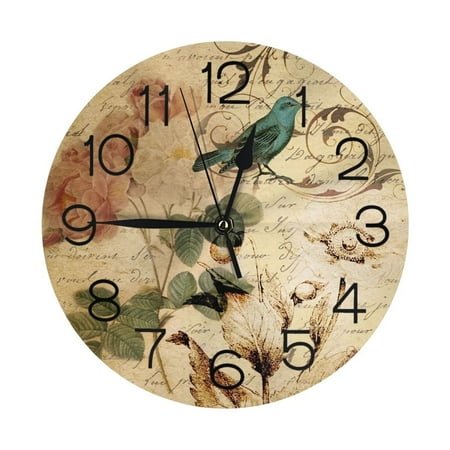 Victorian Bird Paris French Botanical Rose Wall Clock - 10 Inch Silent Non-Ticking Wall Clocks -Country Retro Rustic Style Decorative For Living Room Kitchen Home Bathroom Bedroom