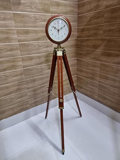 Vintage Antique Style Clock Wooden and Brass Metal Tripod Floor Clock with Stand Living Room Clocks - Perfect Wedding, Birthday, and Surprise Gift Idea, X Large