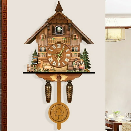 Vintage Antique Wooden Cuckoo Wall Clock Hanging Clock Home Decoration, European Style Watch for Living Room Home Restaurant Bedroom Creative Cuckoo Clock Wood Hanging Wall Clock Alarm Clock Vintage