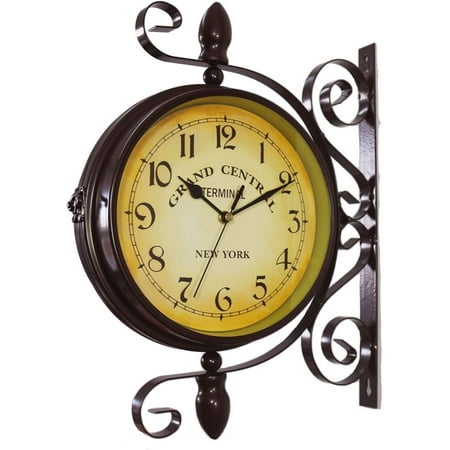 Vintage Double Sided Wall Clock, Iron Metal, Silent, 360 Degree Rotate, Dark Brown Color, 13 3/4(H) x 10 3/4(W) x 3 3/8(Thickness)