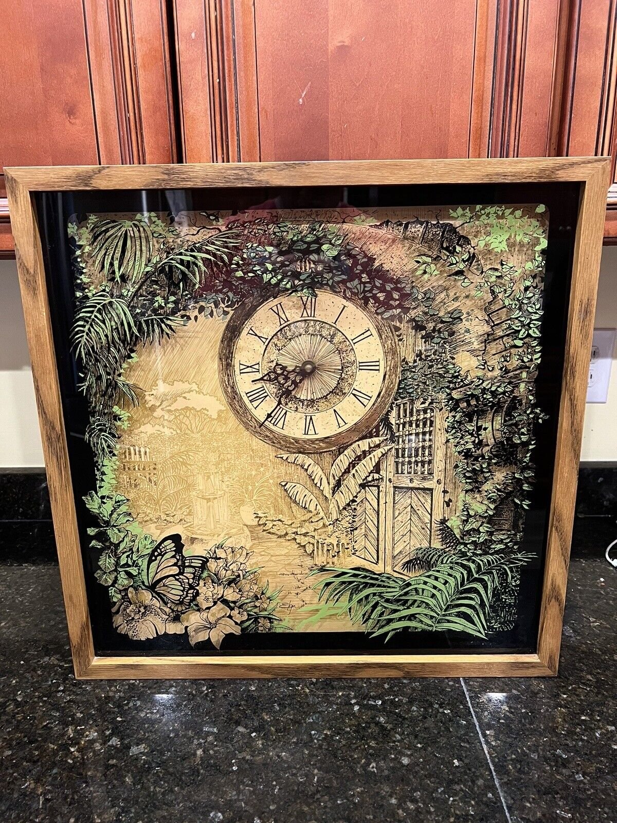 Vintage Elgin Quartz Shadowbox Wall Clock 21" Butterflies TESTED Painted Glass