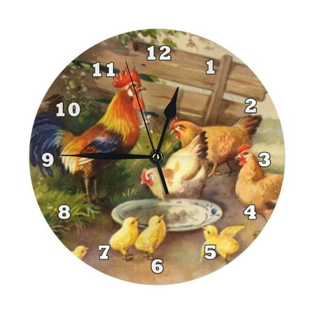 Vintage Rooster And Chickens Wall Clock - 10 Inch Silent Non-Ticking Wall Clocks -Country Retro Rustic Style Decorative For Living Room Kitchen Home Bathroom Bedroom