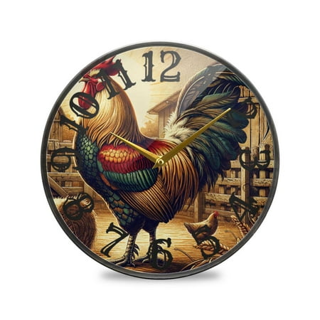 Vintage Rooster Wall Clock 12 Inch Silent Non Ticking Battery Operated Easy to Read for Kitchen Living Room