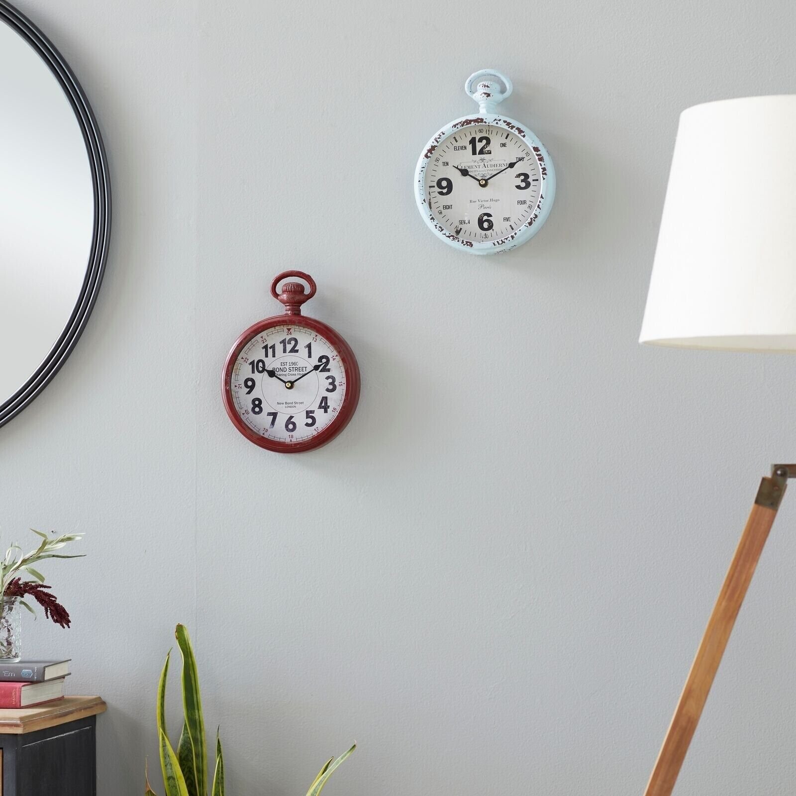 Vintage Style Distressed Iron Wall Clocks (Set of 2) Red/Light Blue 8x2x11 (b7)