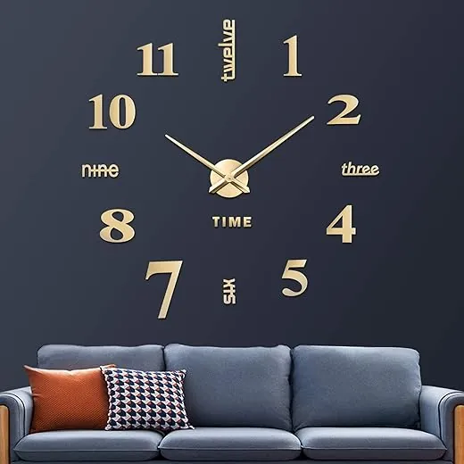 VREAONE Frameless DIY Wall Clock,Large Modern 3D Mirror Wall Clock Decor Sticker DIY Clock kit for Home Living Room Bedroom Office Wall Decorations(Gold)