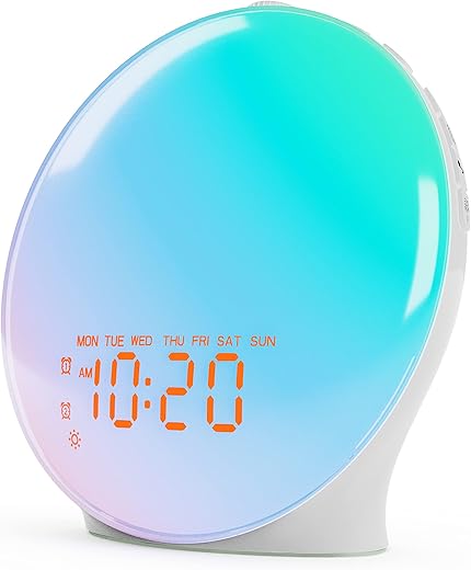 Wake Up Light Sunrise Alarm Clock for Kids, Bedroom, Full Screen with Sunrise Simulation, Dual Alarm, FM Radio, 15 Nightlights, 8 Soothing Sounds, SleepTimer, Ideal Gift for Baby, Kids, Adults, Senior