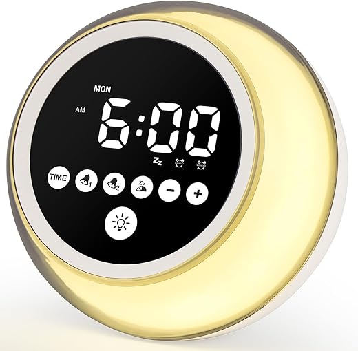 Wake Up Light Sunrise Alarm Clock, Loud Digital Clock with Sunrise Simulation, Color Light, Dimmer, Weekday/Weekend Mode, Adjustable Volume for Heavy Sleepers, Adults, Teens