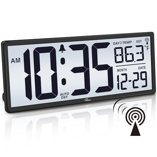 WallarGe 14.5'' Atomic Clock with Backlight, Large Digital Wall Clock Battery Operated, Large Display with Temperature and Date, Easy to Read and Set Digital Wall Clock, Auto DST