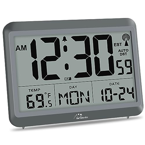 WallarGe Atomic Clock Battery Operated - Large Display Digital Alarm Clock with Seconds and Indoor Temeperature, 4 Time Zones, DST