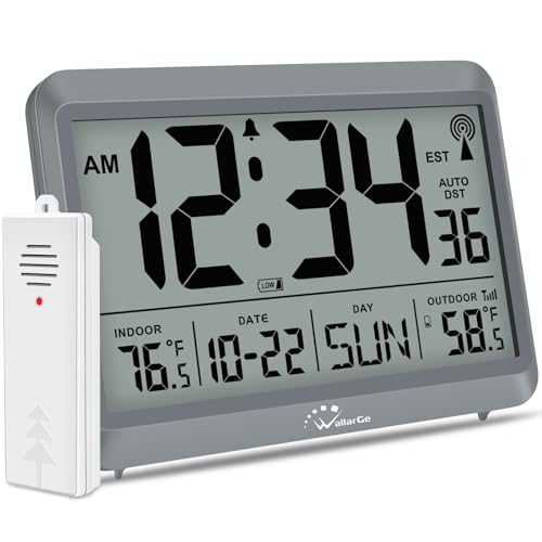 WallarGe Atomic Clock with Indoor Outdoor Temperature - 8.5'' Digital Clock Battery Operated, Self-Setting, 4 Time Zones, DST