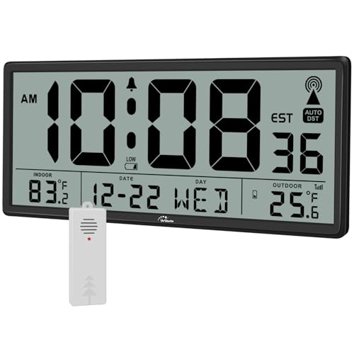 WallarGe Atomic Clock with Indoor Outdoor Temperature - Easy to Read - Self Setting, 14.5'' Jumbo Auto Set Digital Wall Clock Battery Operated