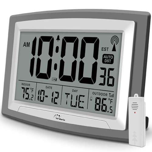 WallarGe Atomic Clock with Outdoor and Indoor Temperature - 12.5 Inch Self-Setting Digital Clock Large Display, Battery Operated Wall Clocks or Desk Clocks for Bedroom, Livingroom, Office