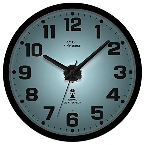 WallarGe Atomic Wall Clock with Night Light - Silent Lighted up Wall Clock Glow in The Dark, Battery Operated, AUTO DST, 12 Inch