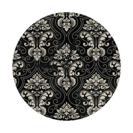 Wall Clock - Elegant Black Floral Damask 9.8 Inch Silent Non Ticking Modern Round Wall Clocks Battery Operated Classic Clock for Bedroom, Living Room, Office, Home, Kitchen, Bathroom