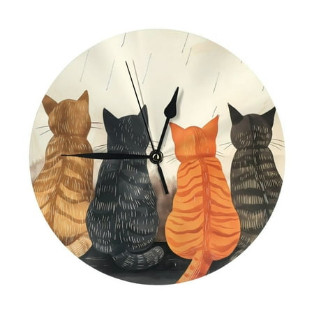 Wall Clock - Four Cats Watching Rain 9.8 Inch Silent Non Ticking Modern Round Wall Clocks Battery Operated Classic Clock for Bedroom, Living Room, Office, Home, Kitchen, Bathroom