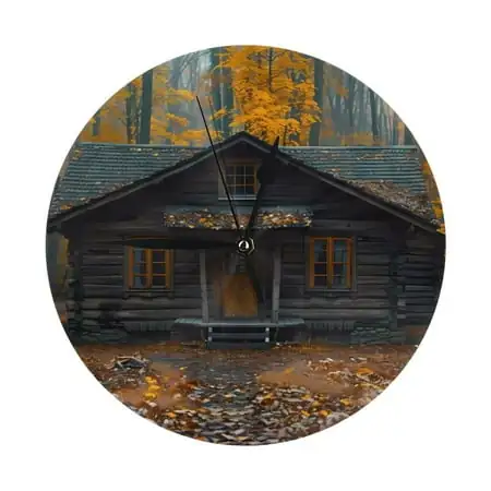 Wall Clock - Rustic Cabin Autumn Forest 9.8 Inch Silent Non Ticking Modern Round Wall Clocks Battery Operated Classic Clock for Bedroom, Living Room, Office, Home, Kitchen, Bathroom