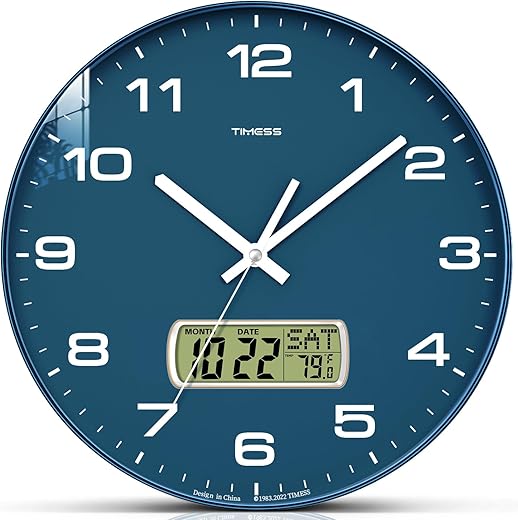 Wall Clock, 10 Dial Non-Ticking Silent Battery Operated Analog with LCD Display for Perpetual Calendar and F° Temperature, Ideal Modern Home, Bedroom, Kitchen, Office Decor (Blue)