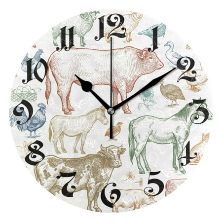 Wall Clock 10 Inch Silent Non-Ticking 8 Farm Animals Battery Operated Rustic Retro for Living Room Home Kitchen Bathroom