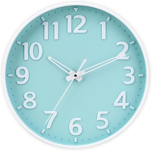 Wall Clock 12 Inch 3D Large Number Battery Operated Silent Non-Ticking Wall Clock Modern Quartz Design Decorative Indoor Bedroom Kitchen Office Classroom Mint Green