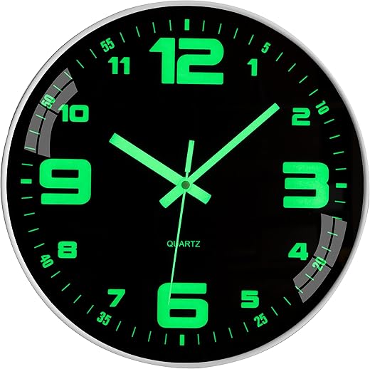 Wall Clock 12 inch Battery Operated Silent Non-Ticking Glow in The Dark Clocks Analog Small Digital Night Light Up Neon Outdoor Clocks for Living Room Bedroom Kitchen Bathroom Home Decor