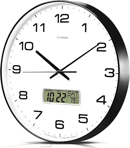 Wall Clock, 14 Large Dial Non-Ticking Silent Battery Operated Analog with LCD Display for Perpetual Calendar and F° Temperature, Ideal Modern Home, Bedroom, Office Decor (Black)