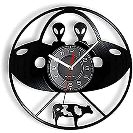 Wall Clock Battery Operated Silent Non-ticking 12 Inch Flying Saucer Vinyl Clocks UFO Aliens Light Beam Transmits Cow Sci-FI Scene LED Lighting Watches Pop Art Unusual Roman Numerals Decorative Wall C